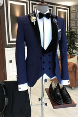 Three Pieces Bespoke Navy Blue Wedding Suits With Black Peaked Lapel