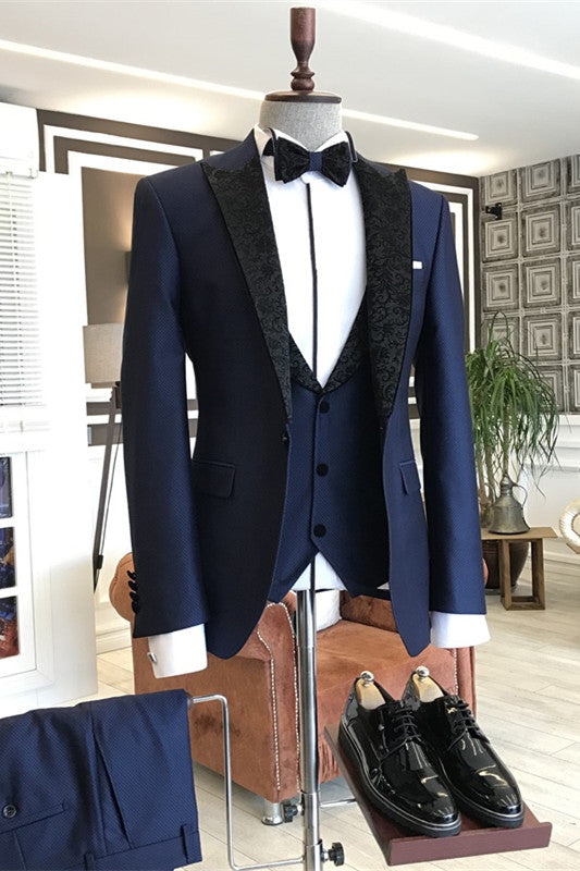 Three Pieces Navy Blue Wedding Suits With Black Jacquard Peaked Lapel