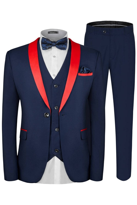Three Pieces Navy Blue Wedding Suits With Red Shawl Lapel