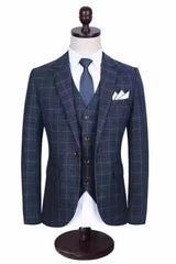 Notched Lapel Three Pieces Plaid Navy Business Suits