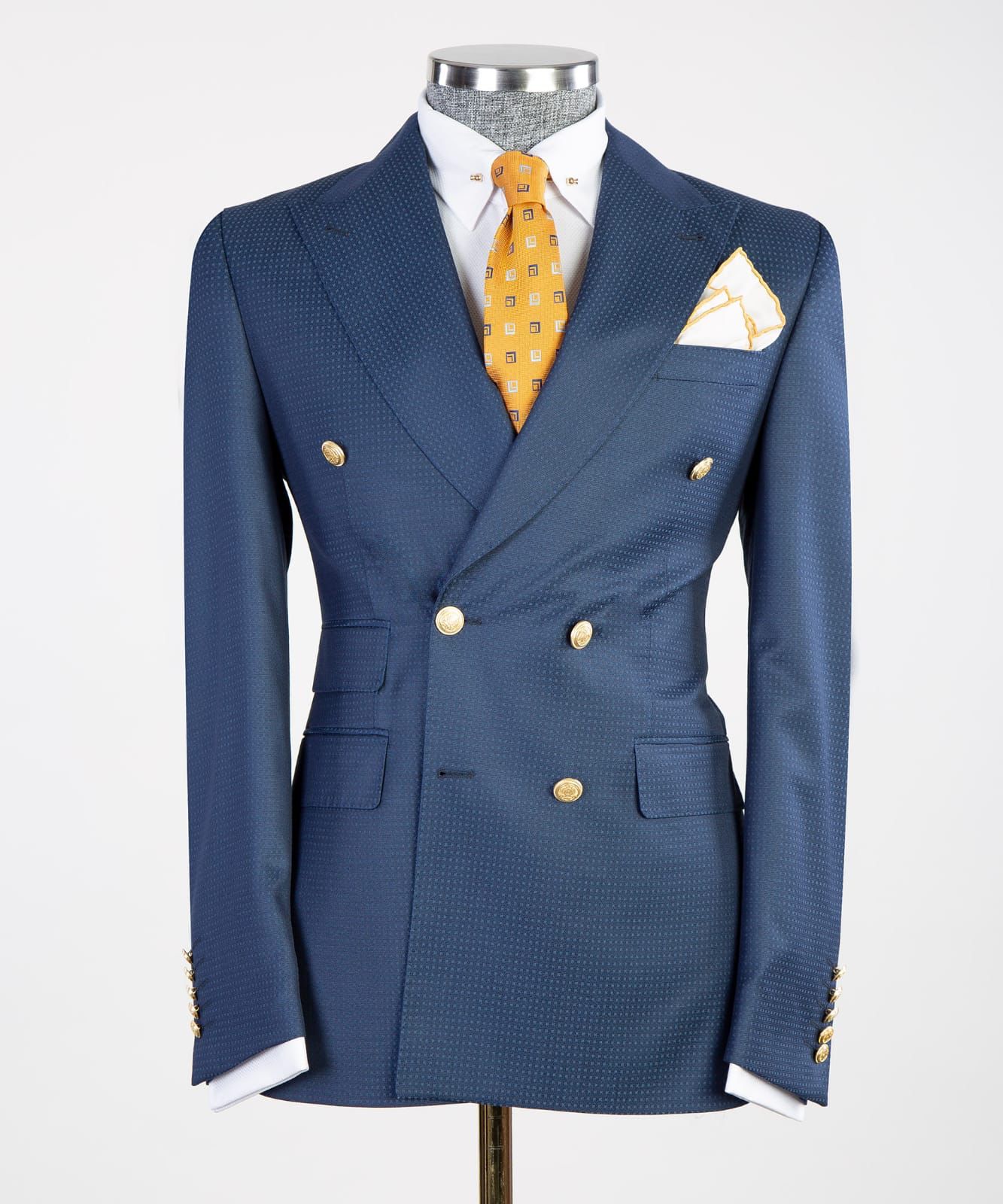 Peaked Lapel Double Breasted Bespoke Men Navy Business Suits