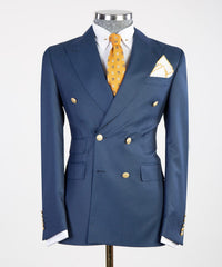 Peaked Lapel Double Breasted Bespoke Men Navy Business Suits