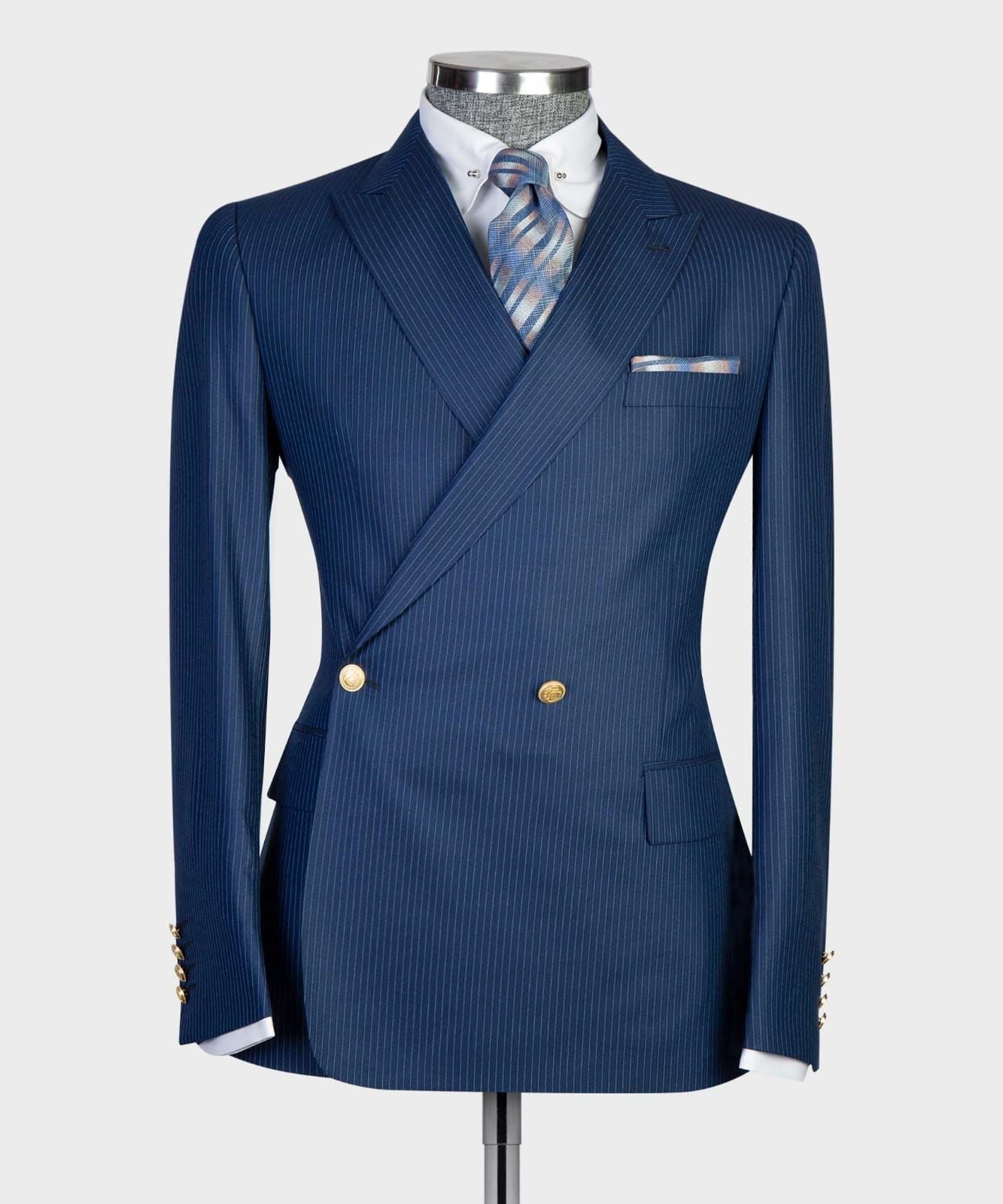 Navy Peaked Lapel Double Breasted Two Pieces Men Suits