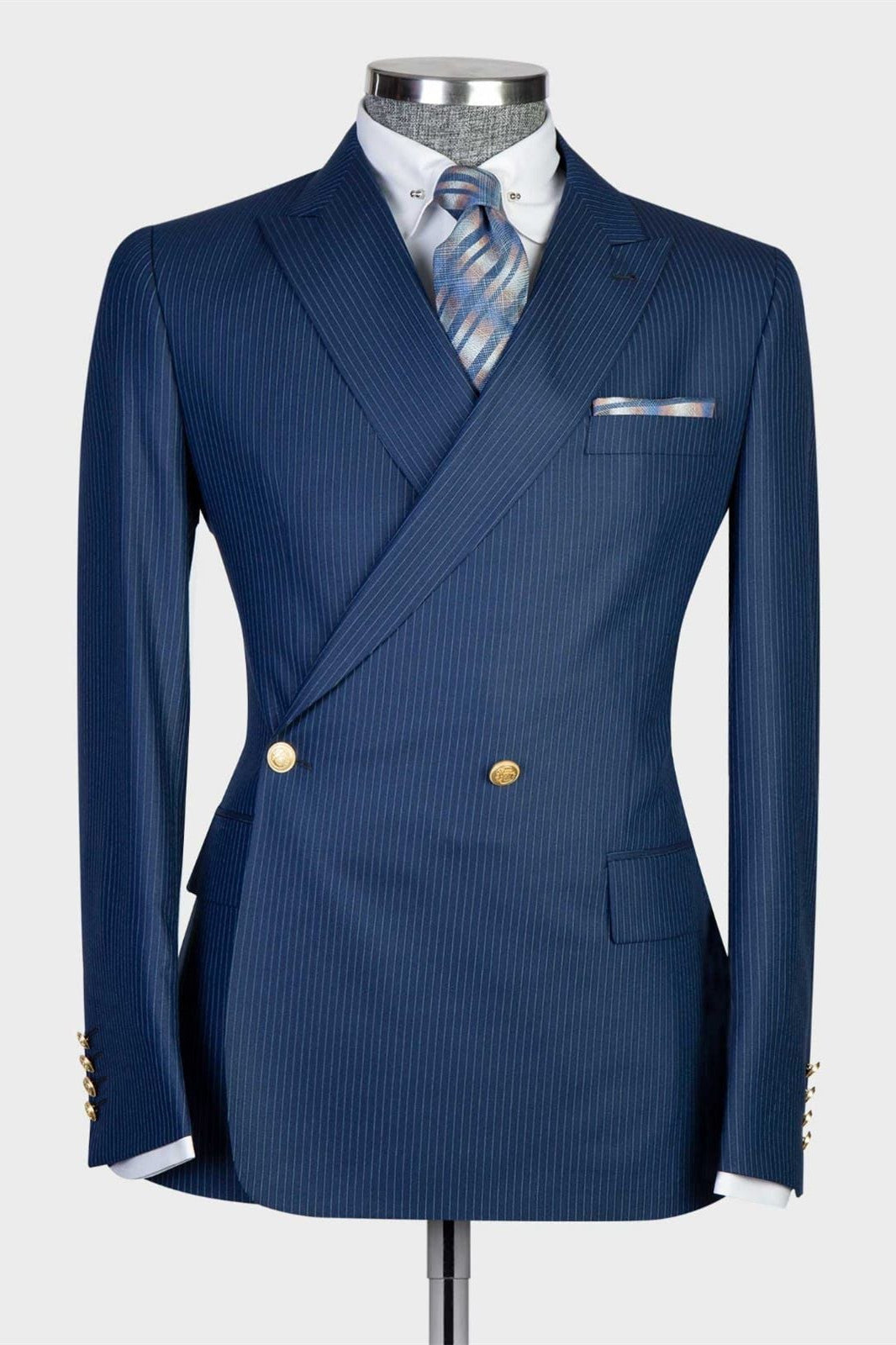 Navy Peaked Lapel Double Breasted Two Pieces Men Suits