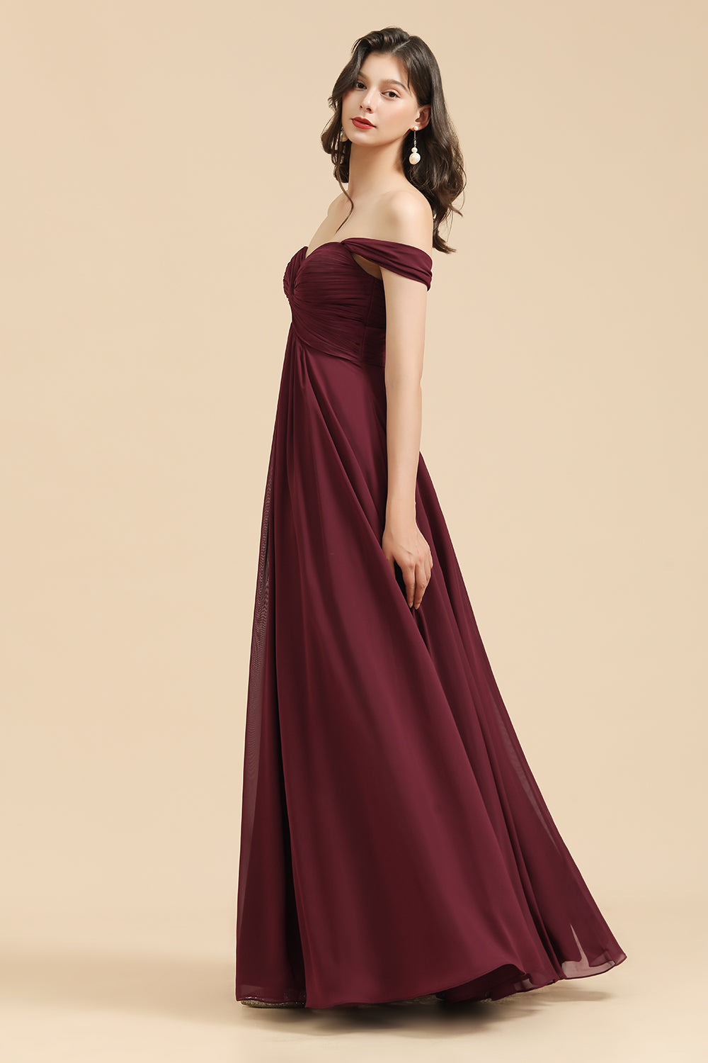 Load image into Gallery viewer, New Arrival A-line Off-the-shoulder Sweetheart Burgundy Long Bridesmaid Dress-27dress
