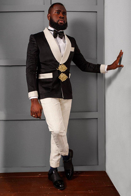 New Arrival Bespoke Knitted Button Jacquard Black Wedding Suits for Groom