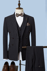 New Arrival Striped Peaked Lapel Three Pieces Single Breasted Black Wedding Suits
