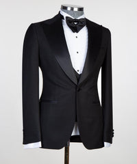 New Arrival Black Three Pieces Men Suits With Satin Peaked Lapel