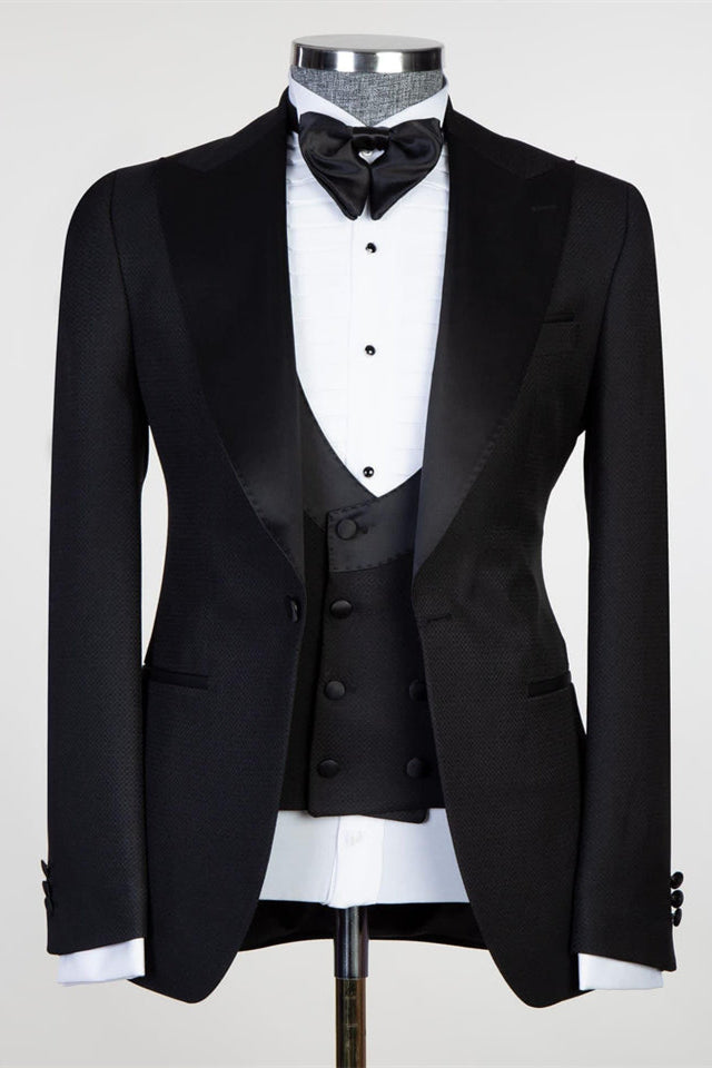 New Arrival Black Three Pieces Men Suits With Satin Peaked Lapel