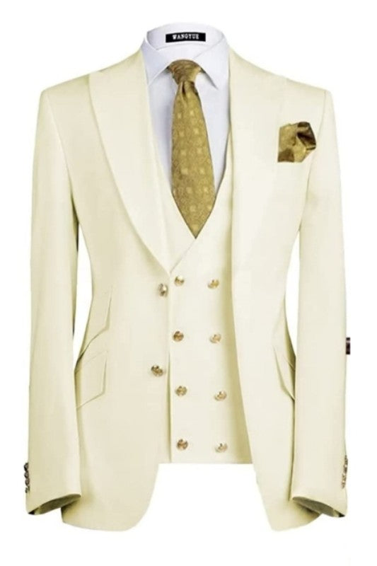 New Arrival Three Pieces Peaked Lapel Cream Prom Suits For Men