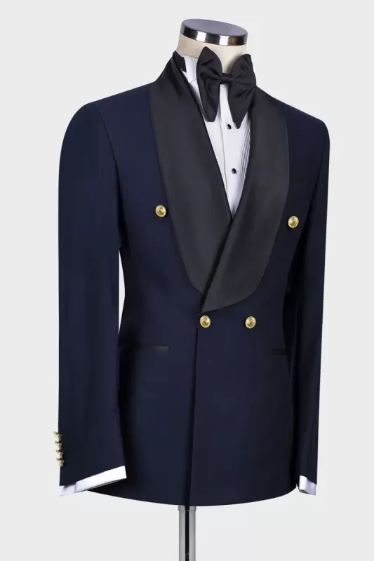 New Arrival Shawl Lapel Double Breasted Dark Navy Wedding Suits