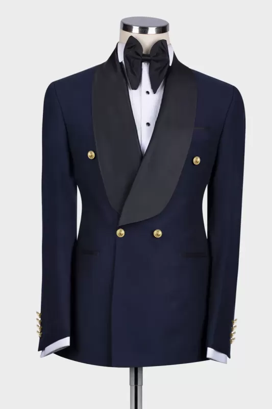 New Arrival Shawl Lapel Double Breasted Dark Navy Wedding Suits