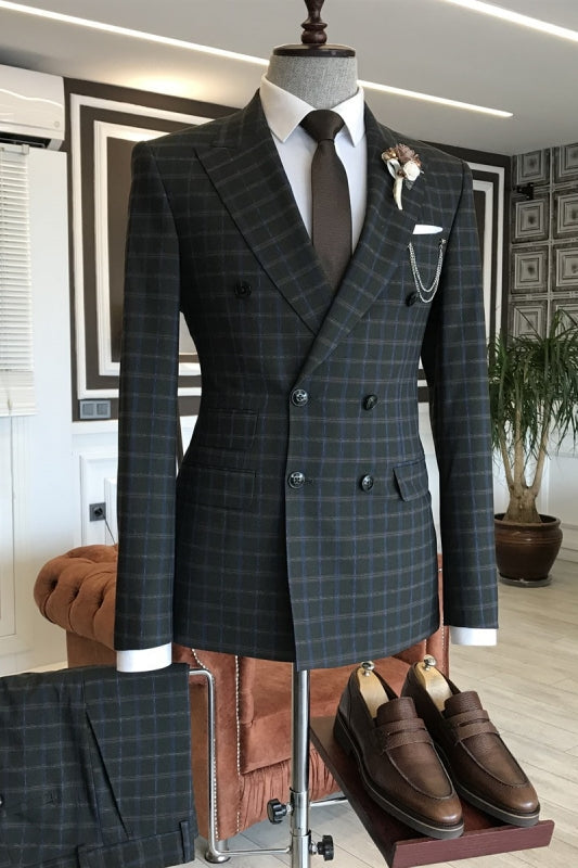 New Arrival Deep Peaked Lapel Double Breasted Plaid Gray Business Suits