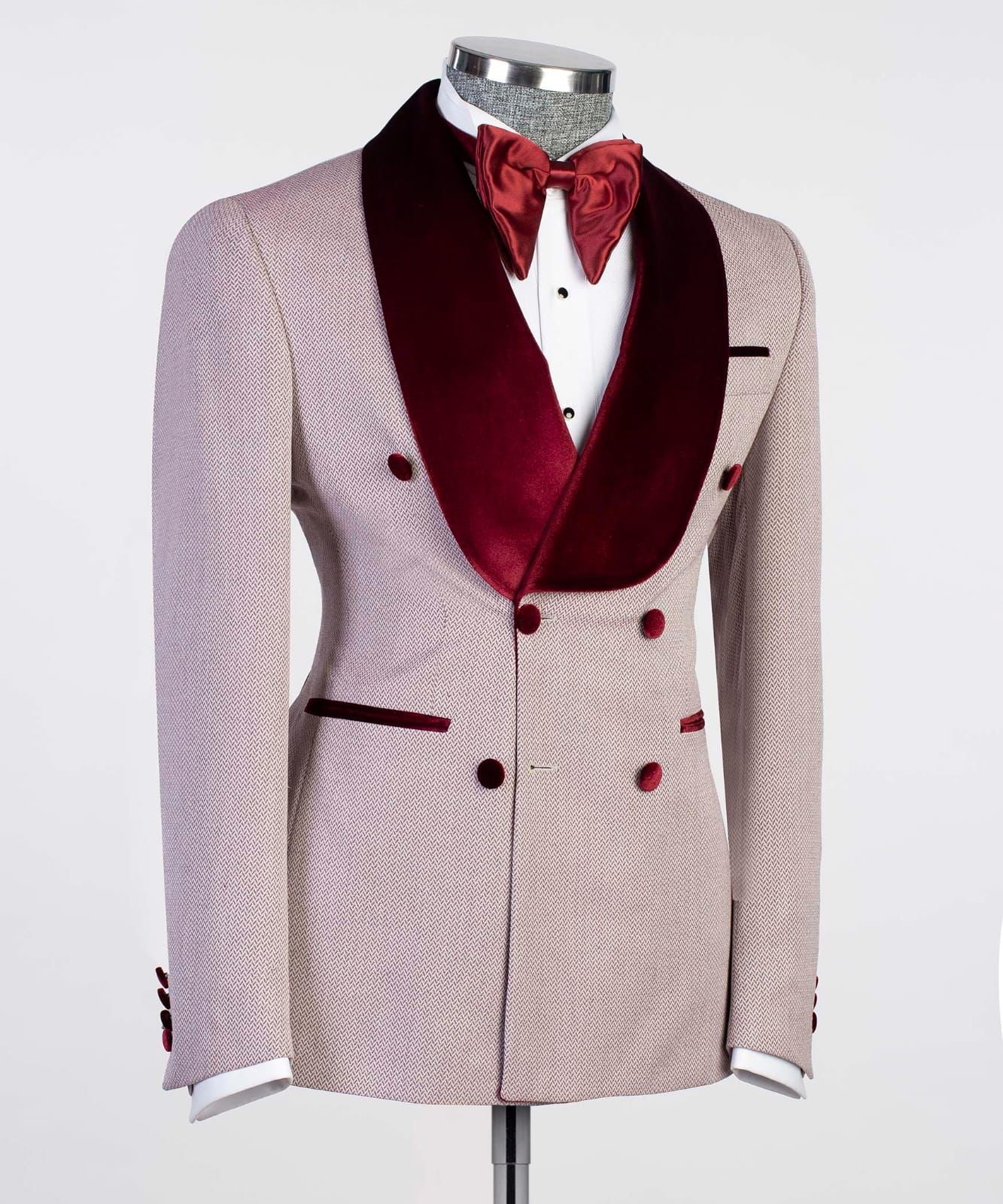 New Arrival Double Breasted Fashion Prom Suits With Burgundy Shawl Lapel