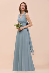 New Arrival Dusty Blue Ruched Long Convertible Bridesmaid Dresses-27dress