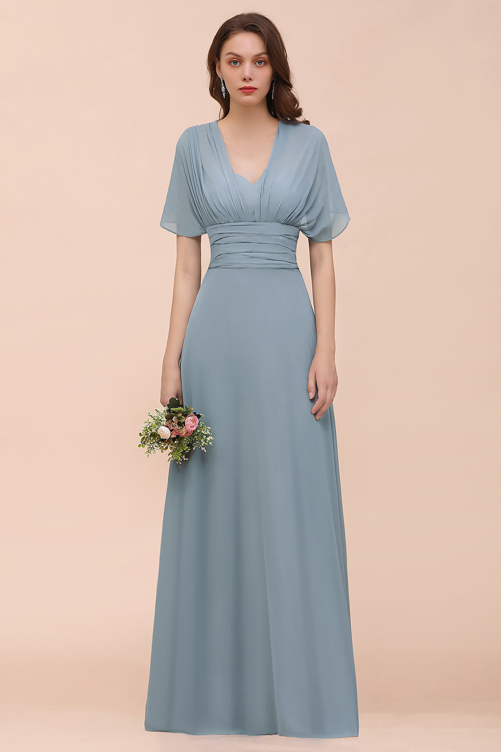 New Arrival Dusty Blue Ruched Long Convertible Bridesmaid Dresses-27dress