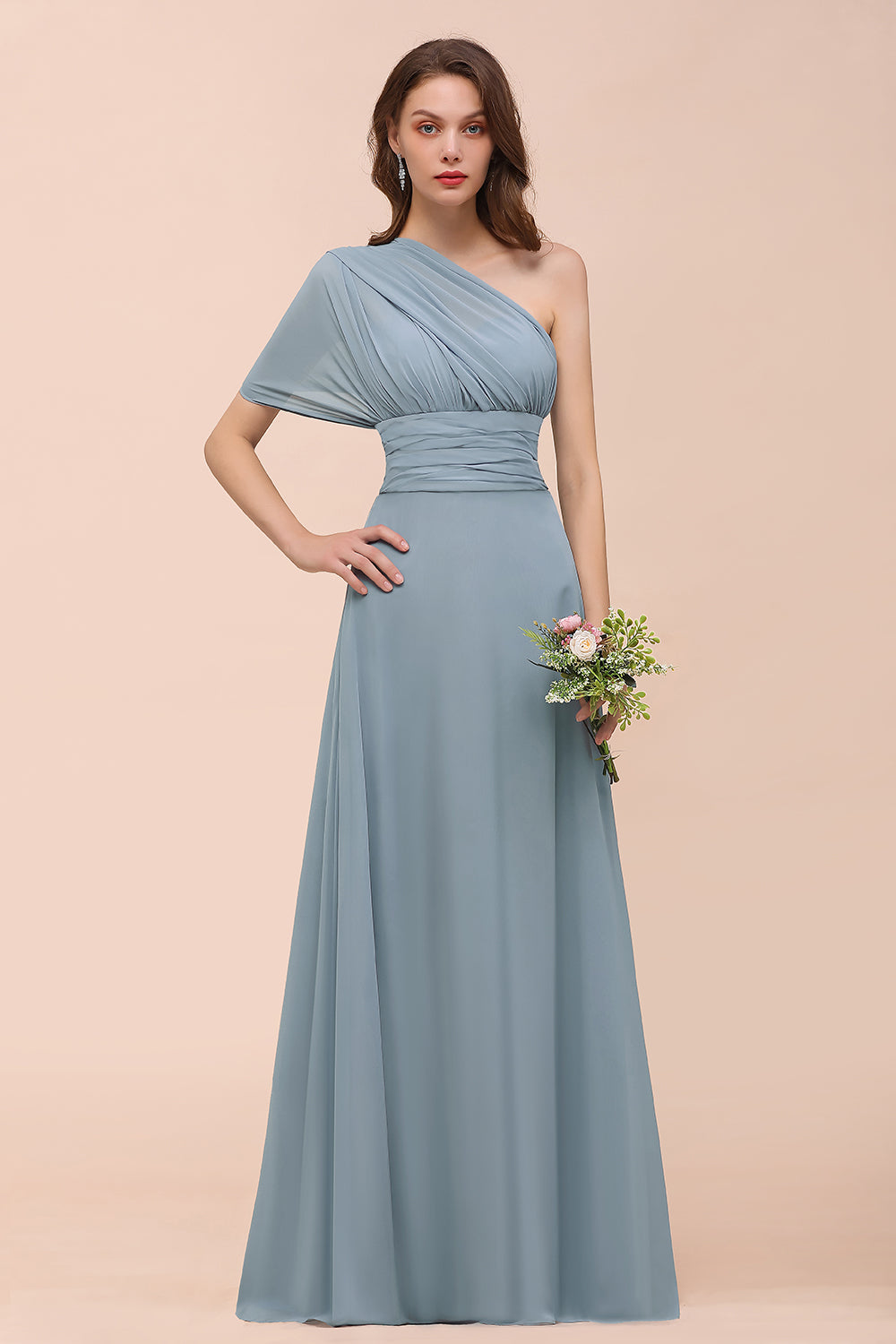 New Arrival Dusty Blue Ruched Long Convertible Bridesmaid Dresses-27dress