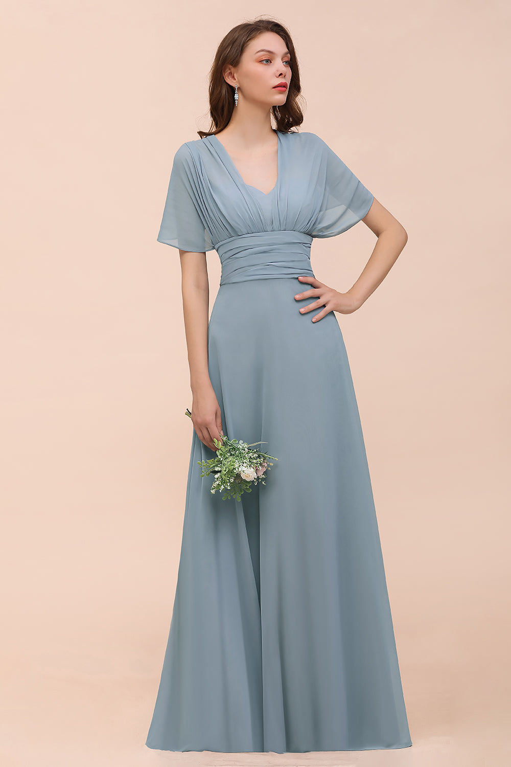 New Arrival Dusty Blue Ruched Long Convertible Bridesmaid Dresses-27dress