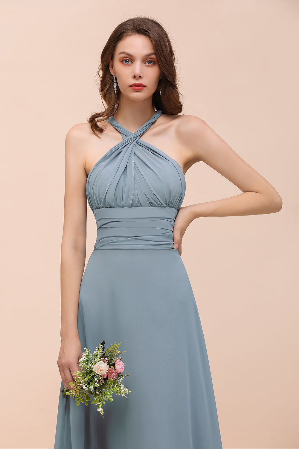New Arrival Dusty Blue Ruched Long Convertible Bridesmaid Dresses-27dress