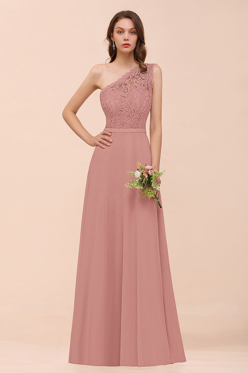 New Arrival Dusty Rose One Shoulder Lace Long Bridesmaid Dress-27dress
