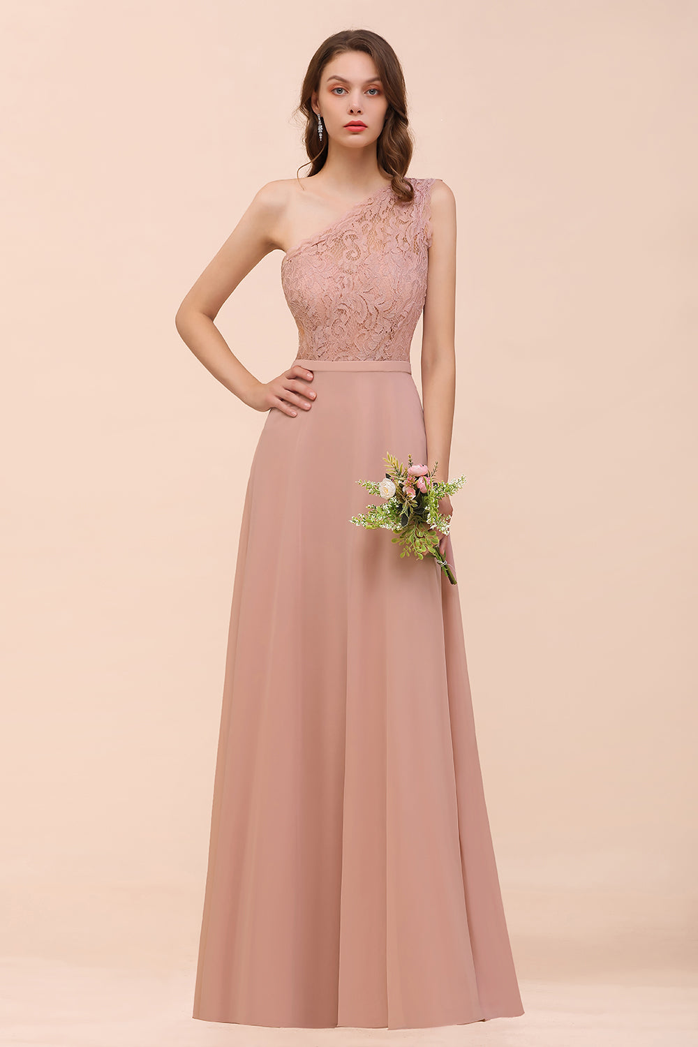 Load image into Gallery viewer, New Arrival Dusty Rose One Shoulder Lace Long Bridesmaid Dress-27dress
