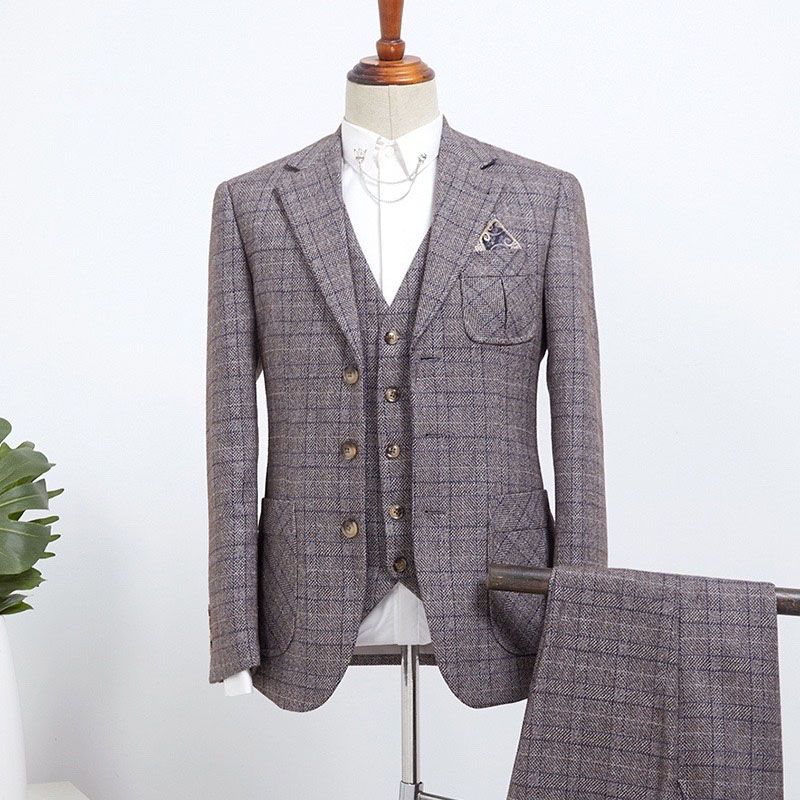 New Arrival Gray Plaid 3 Pieces Slim Fit Tailored Suit For Business
