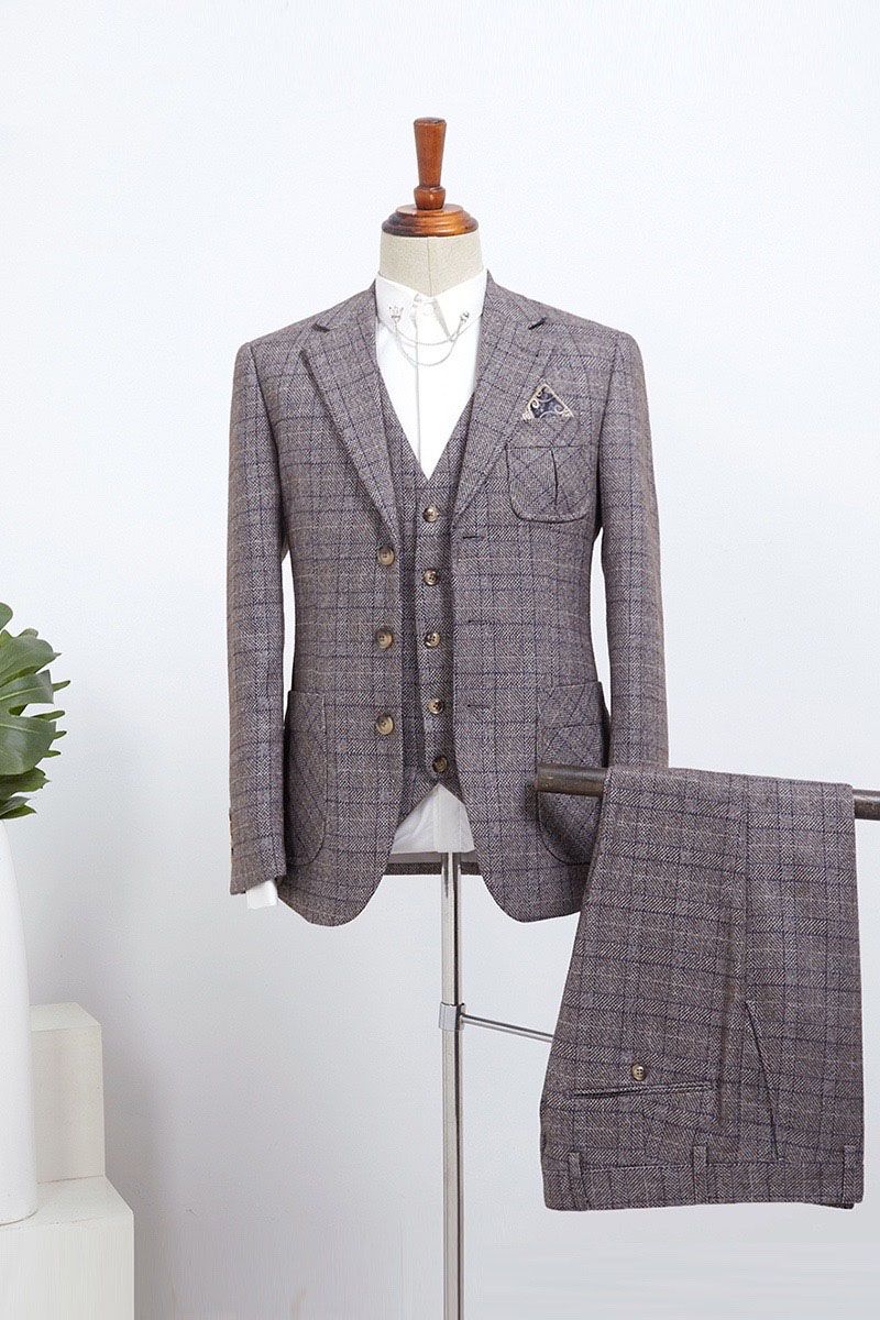 New Arrival Gray Plaid 3 Pieces Slim Fit Tailored Suit For Business