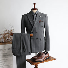 New Arrival Gray Stripe Peaked Lapel Double Breasted Business Men Suits