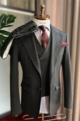 New Arrival Gray Striped Peaked Lapel Business Men Suits