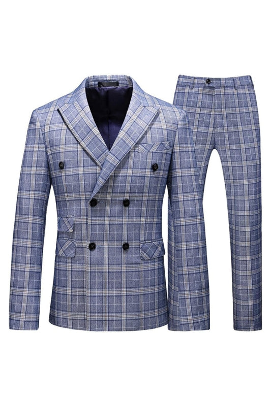 New Arrival Light Double Breasted Plaid Men Blue Prom Suits
