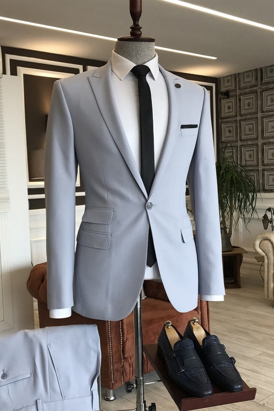 New Arrival Light Peaked Lapel Blue Prom Suits For Men