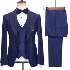 New Arrival Jacquard Peaked Lapel Three Pieces Navy Blue Wedding Suits