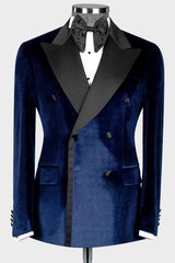 New Arrival Peaked Lapel Double Breasted Velvet Navy Blue Prom Suits