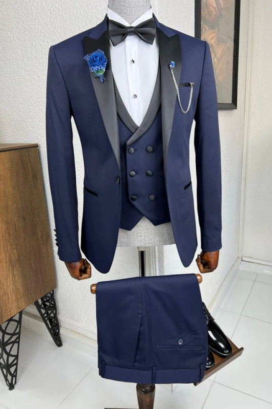 New Arrival Peaked Lapel Three Pieces Navy Blue Prom Suits For Men