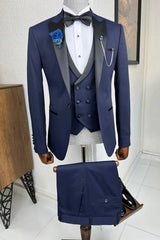 New Arrival Peaked Lapel Three Pieces Navy Blue Prom Suits For Men