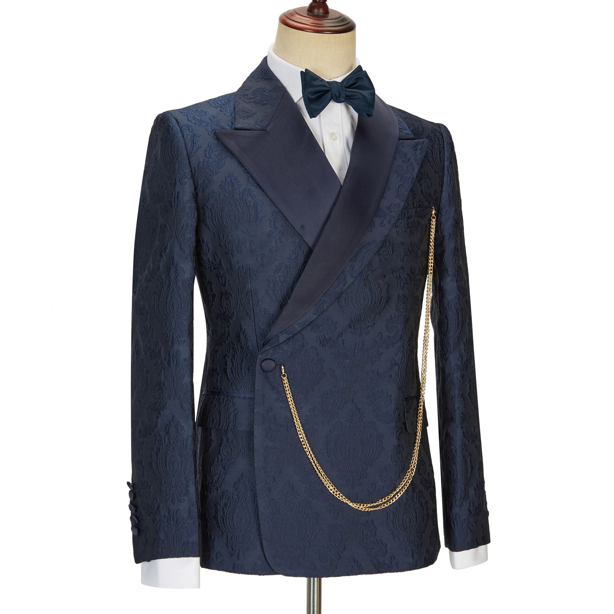 New Arrival Navy Blue Slim Fit Jacquard Peaked Lapel Wedding Men Suits