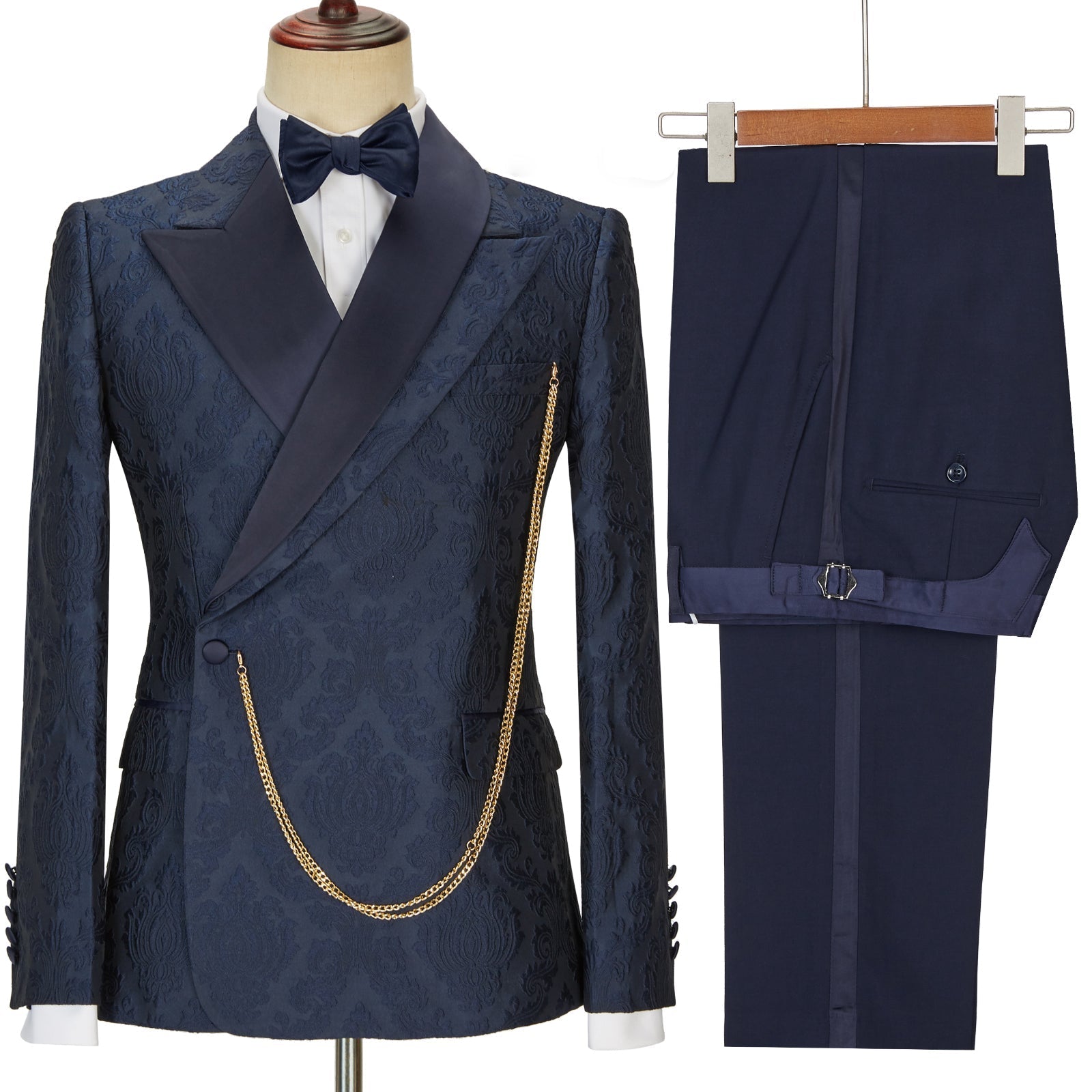 New Arrival Navy Blue Slim Fit Jacquard Peaked Lapel Wedding Men Suits