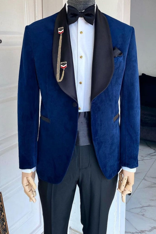 New Arrival Navy Blue Wedding Suits With Black Shawl Lapel