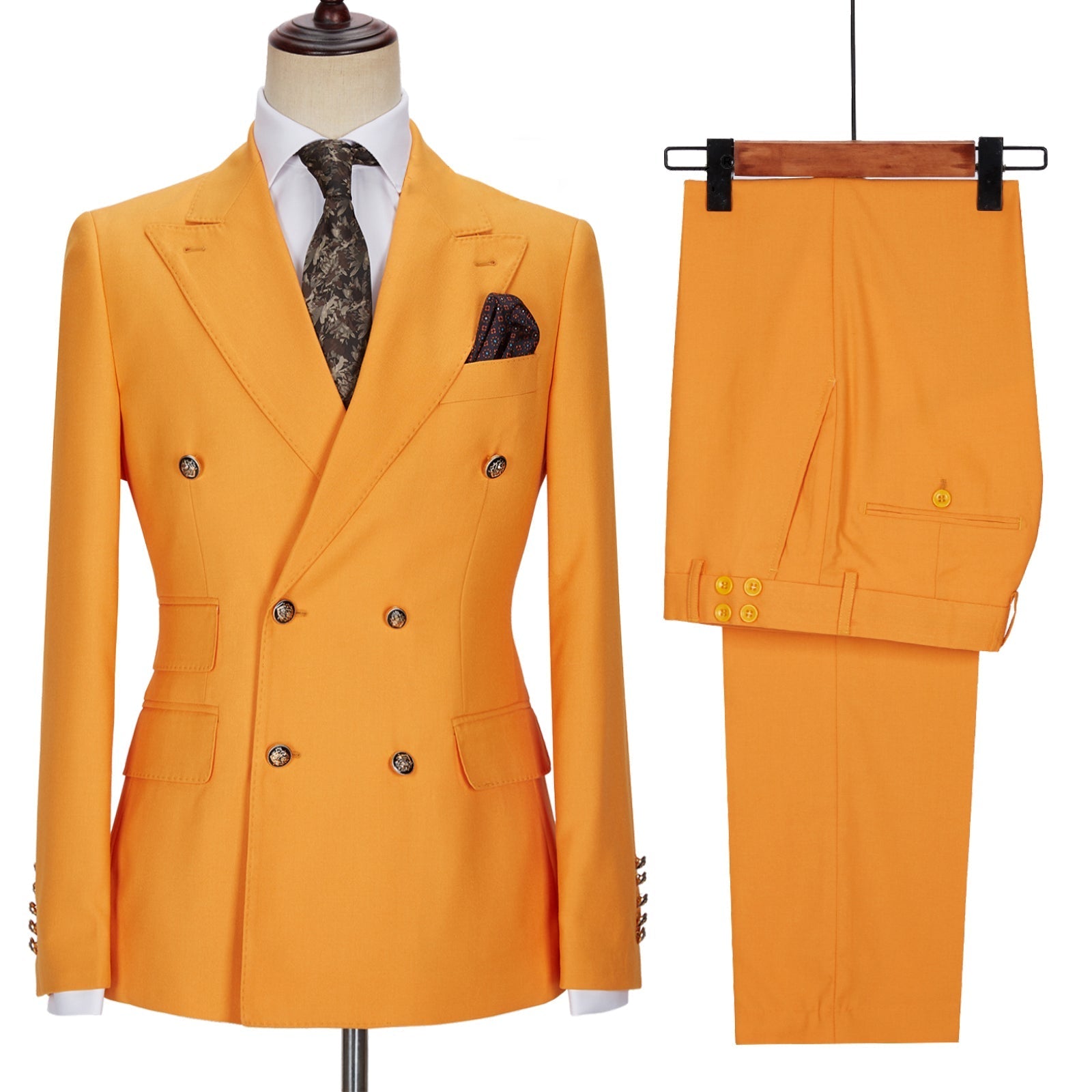 New Arrival Orange Double Breasted Peaked Lapel Men Suits