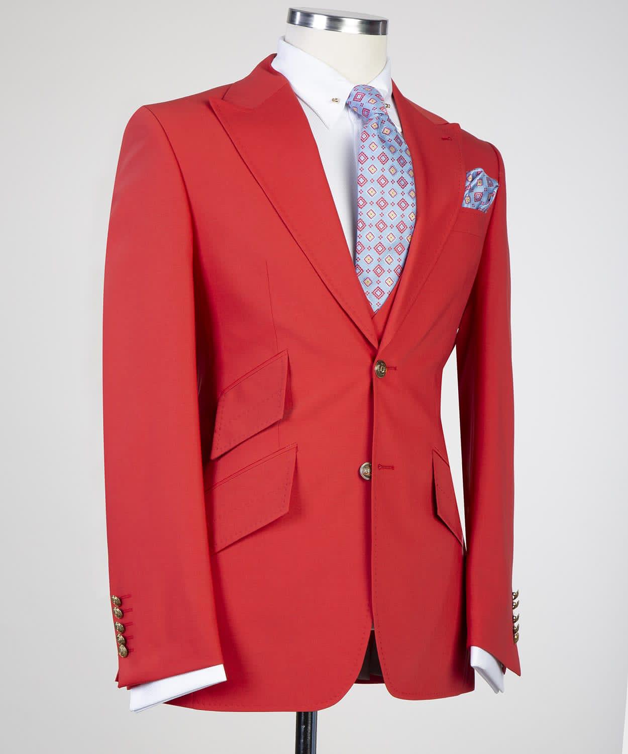 New Arrival Peaked Lapel Three Pieces Fashion Red Prom Suits