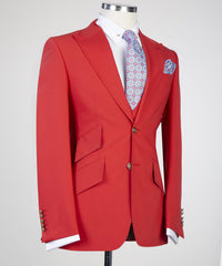 New Arrival Peaked Lapel Three Pieces Fashion Red Prom Suits