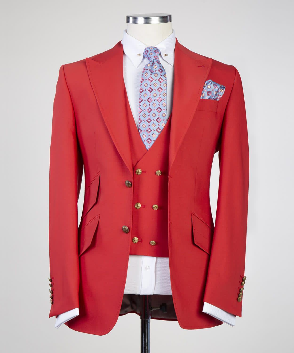 New Arrival Peaked Lapel Three Pieces Fashion Red Prom Suits