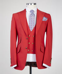 New Arrival Peaked Lapel Three Pieces Fashion Red Prom Suits