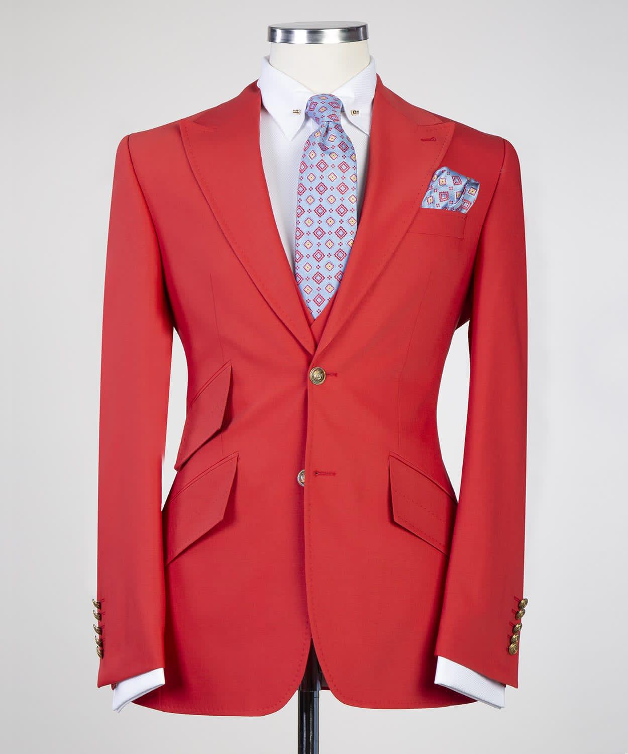 New Arrival Peaked Lapel Three Pieces Fashion Red Prom Suits