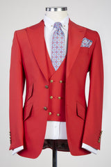 New Arrival Peaked Lapel Three Pieces Fashion Red Prom Suits