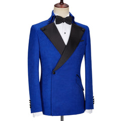 New Arrival Royal Jacquard Blue Wedding Suits with Black Lapel