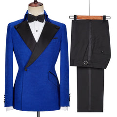 New Arrival Royal Jacquard Blue Wedding Suits with Black Lapel