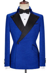 New Arrival Royal Jacquard Blue Wedding Suits with Black Lapel