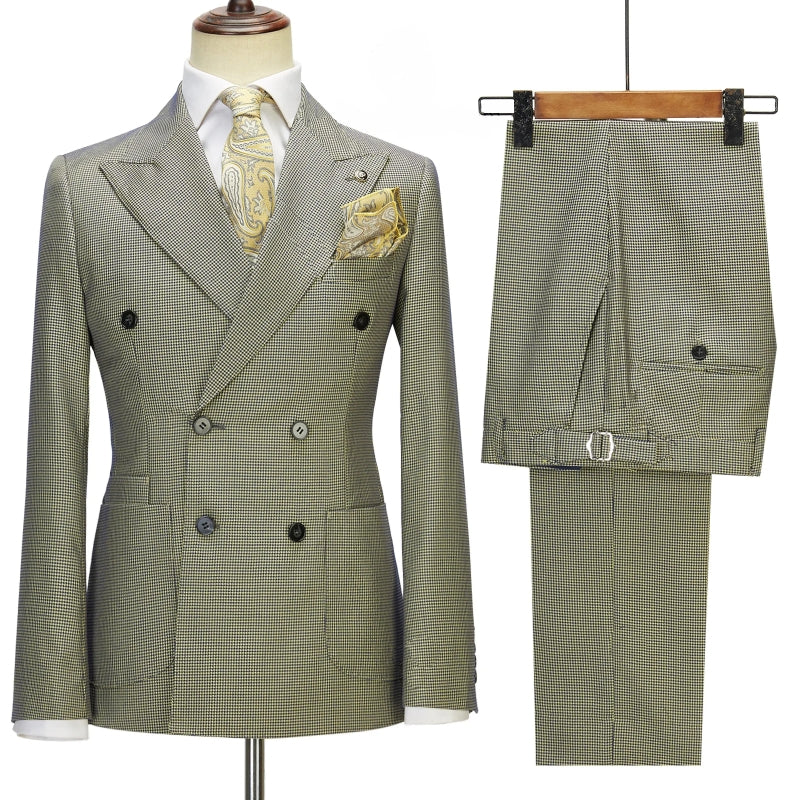 New Arrival Sage Plaid Peaked Lapel Double Breasted Prom Suits
