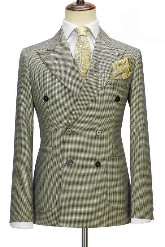 New Arrival Sage Plaid Peaked Lapel Double Breasted Prom Suits